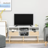 HOMCOM tv-tafel tv-meubel met 2 lades tv-plank spaanplaat massief houten poten wit + eiken 117 x 39 x 57 cm(m-10)