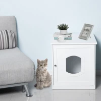 PawHut Casa para Gatos com Desenho 2 em 1 Casa para Animais de Estimação e Caixa de Areia com Porta com Fechadura Magnética 51x48x51cm Branco(m-2)