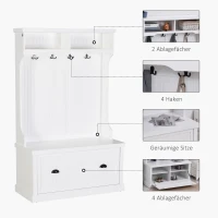 HOMCOM® Garderobenständer moderne Garderobe Kleiderständer mit Sitzbank Kleiderhaken MDF Weiß(m-4)