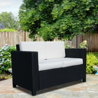 Outsunny 2 Seater Rattan Sofa with Soft Padded Cushion, All-Weather PE Wicker Weave Garden Loveseat with Armrests, Black(m-10)