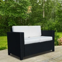 Outsunny 2 Seater Rattan Sofa with Soft Padded Cushion, All-Weather PE Wicker Weave Garden Loveseat with Armrests, Black(m-2)