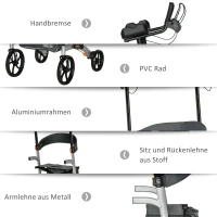 HOMCOM Rollator mit Stuhl Faltbarer Gehwagen Gehhilfe für Senioren mit 4 Rädern Stauraum Bremse höhenverstellbar Leichtgewicht Aluminium Silber+Grau 73 x 64 x 106-136 cm(m-6)