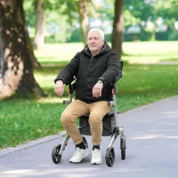 HOMCOM Rollator mit Stuhl Faltbarer Gehwagen Gehhilfe für Senioren mit 4 Rädern Stauraum Bremse höhenverstellbar Leichtgewicht Aluminium Silber+Grau 73 x 64 x 106-136 cm(m-10)
