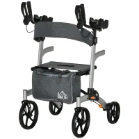 HOMCOM Rollator mit Stuhl Faltbarer Gehwagen Gehhilfe für Senioren mit 4 Rädern Stauraum Bremse höhenverstellbar Leichtgewicht Aluminium Silber+Grau 73 x 64 x 106-136 cm(m-11)