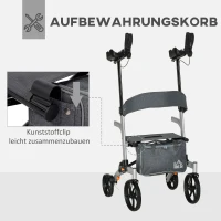 HOMCOM Rollator mit Stuhl Faltbarer Gehwagen Gehhilfe für Senioren mit 4 Rädern Stauraum Bremse höhenverstellbar Leichtgewicht Aluminium Silber+Grau 73 x 64 x 106-136 cm(m-7)