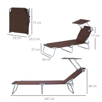Outsunny Klapbare ligstoel met zonnescherm, verstelbare rugleuning, metalen frame, 187 x 58 x 36 cm, bruin(m-3)
