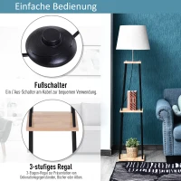 HOMCOM Lampstatief met 3 planken, rubberhout, linnen, metaal, naturel, zwart(m-6)
