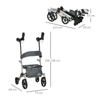 HOMCOM Rollator mit Stuhl Faltbarer Gehwagen Gehhilfe für Senioren mit 4 Rädern Stauraum Bremse höhenverstellbar Leichtgewicht Aluminium Silber+Grau 73 x 64 x 106-136 cm(m-3)