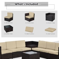 Outsunny 6-Seater Rattan Sofa Furniture Set W/Cushions, Steel Frame-Brown(m-6)