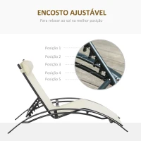 Outsunny Espreguiçadeira Reclinável com Encosto Ajustável em 5 Posições e Apoio de Cabeça Removível Acolchoado Alumínio Textilene  para Jardim Terraço Varanda 171x64x82 cm Bege(m-4)