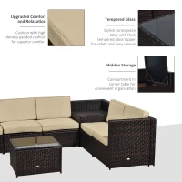 Outsunny 6-Seater Rattan Sofa Furniture Set W/Cushions, Steel Frame-Brown(m-5)