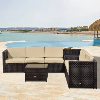 Outsunny 6-Seater Rattan Sofa Furniture Set W/Cushions, Steel Frame-Brown(m-10)