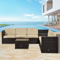 Outsunny 6-Seater Rattan Sofa Furniture Set W/Cushions, Steel Frame-Brown(m-2)
