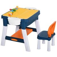 HOMCOM Kinder Aktivitätstisch Spieltisch, 2 in 1 Kinderschreibtisch mit Stauraum, Kindersitzgruppe, Bautisch mit Stuhl Klavier, Baustein, für 3-12 Jahren, PP, 68 x 46 x 52 cm(m-1)