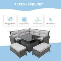 Outsunny 6 Pcs Rattan Corner Sofa Rising Table Set, Aluminium Frame Outdoor Patio Garden Wicker Dining Furniture Adjustable convertible Table(m-4)
