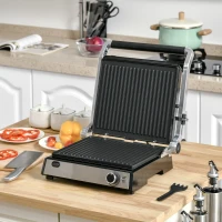 HOMCOM Kontaktgrill Elektrogrill für 4 Scheibe Sandwiches Toasts Steak Panini 2000W Tischgrill BBQ mit regelbarem Thermostat 180 Grad aufklappbar Aluminium Edelstahl Silber+Schwarz 36,6x35,7x16,2 cm(m-2)