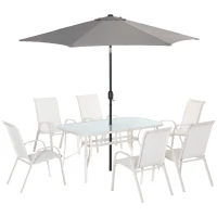 Outsunny Sitzgruppe für 6 Personen Essgruppe mit Sonnenschirm Gartenmöbel Set Alu Cremeweiß+Hellgrau(m-11)