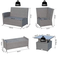 Outsunny 6 Pcs Rattan Corner Sofa Rising Table Set, Aluminium Frame Outdoor Patio Garden Wicker Dining Furniture Adjustable convertible Table(m-3)