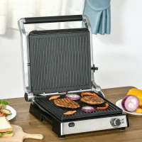 HOMCOM Kontaktgrill Elektrogrill für 4 Scheibe Sandwiches Toasts Steak Panini 2000W Tischgrill BBQ mit regelbarem Thermostat 180 Grad aufklappbar Aluminium Edelstahl Silber+Schwarz 36,6x35,7x16,2 cm(m-9)