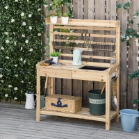 Outsunny Planttafel Tuintafel met Wastafel Houten Bloementafel met Ladehaak Mandplank Tuinterras Naturel 107,5 x 46 x 142 cm(m-2)