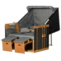 Outsunny strandstoel met dak rotan look klaptafel lichtgrijs 118 x 79 x 150 cm(m-1)