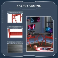 HOMCOM Mesa Gaming Escritorio para Ordenador PC con Portavasos Gancho para Auriculares Estante para Monitor Ajustable de 3 Niveles para Sala de Juego 125x125x75 cm Negro y Rojo(m-5)
