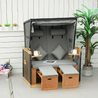 Outsunny strandstoel met dak rotan look klaptafel lichtgrijs 118 x 79 x 150 cm(m-10)