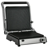 HOMCOM Kontaktgrill Elektrogrill für 4 Scheibe Sandwiches Toasts Steak Panini 2000W Tischgrill BBQ mit regelbarem Thermostat 180 Grad aufklappbar Aluminium Edelstahl Silber+Schwarz 36,6x35,7x16,2 cm(m-1)