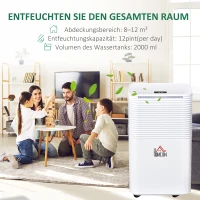 HOMCOM luchtontvochtiger kamergrootte 18-28 ㎡ 12 L / 24 u. elektrische luchtontvochtiger 2000 ml ontvochtiger tegen vocht met wielen voor de badkamer woonkamer slaapkamer ABS wit 22 x 25 x 44,5 cm(m-4)