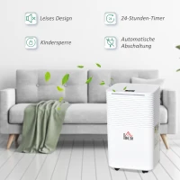 HOMCOM luchtontvochtiger kamergrootte 18-28 ㎡ 12 L / 24 u. elektrische luchtontvochtiger 2000 ml ontvochtiger tegen vocht met wielen voor de badkamer woonkamer slaapkamer ABS wit 22 x 25 x 44,5 cm(m-8)