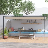 Outsunny 4 x 3(m) Outdoor Lean To Pergola Retractable Canopy Wall Mounted Gazebo Patio Shelter Sun Shade, Beige(m-2)