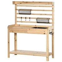 Outsunny Planttafel Tuintafel met Wastafel Houten Bloementafel met Ladehaak Mandplank Tuinterras Naturel 107,5 x 46 x 142 cm(m-11)