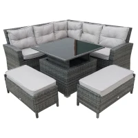 Outsunny 6 Pcs Rattan Corner Sofa Rising Table Set, Aluminium Frame Outdoor Patio Garden Wicker Dining Furniture Adjustable convertible Table(m-1)