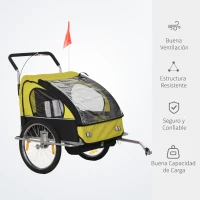 HOMCOM Remolque de Bicicleta para Niños de 2 Plazas con Amortiguadores y Barra 142x85x105 cm Amarillo(m-4)