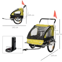 HOMCOM Remolque de Bicicleta para Niños de 2 Plazas con Amortiguadores y Barra 142x85x105 cm Amarillo(m-3)