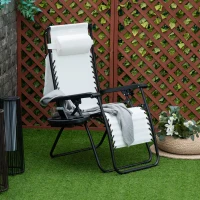 Outsunny Zero Gravity Garden Folding Patio Sun Lounger w/Cup Holder & Canopy Shade White(m-2)