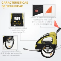 HOMCOM Remolque de Bicicleta para Niños de 2 Plazas con Amortiguadores y Barra 142x85x105 cm Amarillo(m-5)