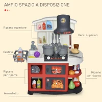 HOMCOM Cucina Giocattolo per Bambini con 52 Accessori, Fornelli con Luce e Suoni e Lavandino, Età 3-6 Anni, 56x25.5x61cm, Bianco e Rosso(m-4)
