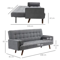 HOMCOM Schlafsofa Klappsofa 3-Sitzer Stoffsofa Bettsofa Sofa mit Schlaffunktion Sofagarnitur Polyester Holz Grau 208 x 81 x 92 cm(m-3)