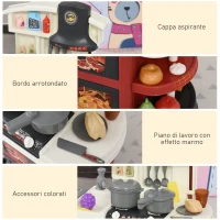 HOMCOM Cucina Giocattolo per Bambini con 52 Accessori, Fornelli con Luce e Suoni e Lavandino, Età 3-6 Anni, 56x25.5x61cm, Bianco e Rosso(m-7)