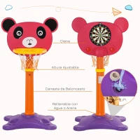 HOMCOM Canasta de Baloncesto Infantil 2 en 1 con Diana Altura Ajustable Panel en Forma de Osito Incluye 2 Pelotas y 6 Dardos Apto para Niños de +3 Años 60x53x100-160 cm Multicolor(m-6)