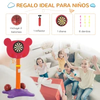 HOMCOM Canasta de Baloncesto Infantil 2 en 1 con Diana Altura Ajustable Panel en Forma de Osito Incluye 2 Pelotas y 6 Dardos Apto para Niños de +3 Años 60x53x100-160 cm Multicolor(m-7)