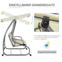 Outsunny Huśtawka 3-osobowa, krzesło bujane, huśtawka z dachem, huśtawka ogrodowa z siedziskiem i oparciem, ławka z tacą, regulowany kąt nachylenia dachu, stalowa rura, tkanina poliestrowa, beżowa, 200 x 120 x 164 cm(m-5)