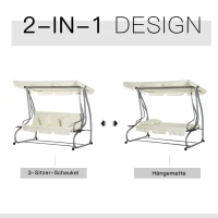 Outsunny Huśtawka 3-osobowa, krzesło bujane, huśtawka z dachem, huśtawka ogrodowa z siedziskiem i oparciem, ławka z tacą, regulowany kąt nachylenia dachu, stalowa rura, tkanina poliestrowa, beżowa, 200 x 120 x 164 cm(m-4)