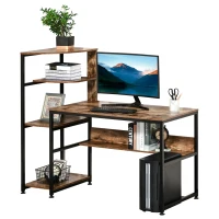 HOMCOM biurko regał na książki biurko komputerowe stół biurowy z 4 półkami możliwość regulacji płyta wiórowa E1 metalowa rama czarny + rustykalny brązowy 140 x 60 x 122 cm(m-11)