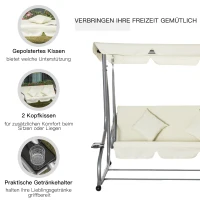 Outsunny Huśtawka 3-osobowa, krzesło bujane, huśtawka z dachem, huśtawka ogrodowa z siedziskiem i oparciem, ławka z tacą, regulowany kąt nachylenia dachu, stalowa rura, tkanina poliestrowa, beżowa, 200 x 120 x 164 cm(m-7)