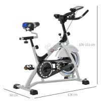 Speedbike Indoor Ergometr HOMCOM rower treningowy z kołem zamachowym 15 kg regulowane poziomy oporu domowa siłownia do 180 kg trenażer rowerowy monitor LCD metal ABS kolor srebrny + czarny(m-3)