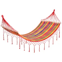 Outsunny 290 x 100cm Cotton Hammock Hanging Hammock Bed Outdoor & Indoor w/ Fringed Macrame, 150kg Load Capacity, Rainbow Stripe(m-1)