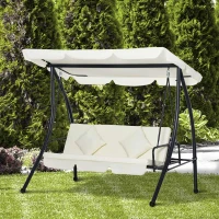 Outsunny Columpio Balancín Jardín de 3 Plazas Convertible en Cama con Techo Ajustable Cojín Acolchado y Almohadas para Balcón Terraza Carga 340 kg Acero 200x125x170 cm Crema(m-10)