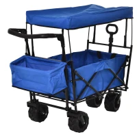 DURHAND Folding Trolley Cart Storage Wagon Beach Trailer 4 Wheels with Handle Overhead Canopy Cart Push Pull For Shopping Camping Garden - Blue(m-1)